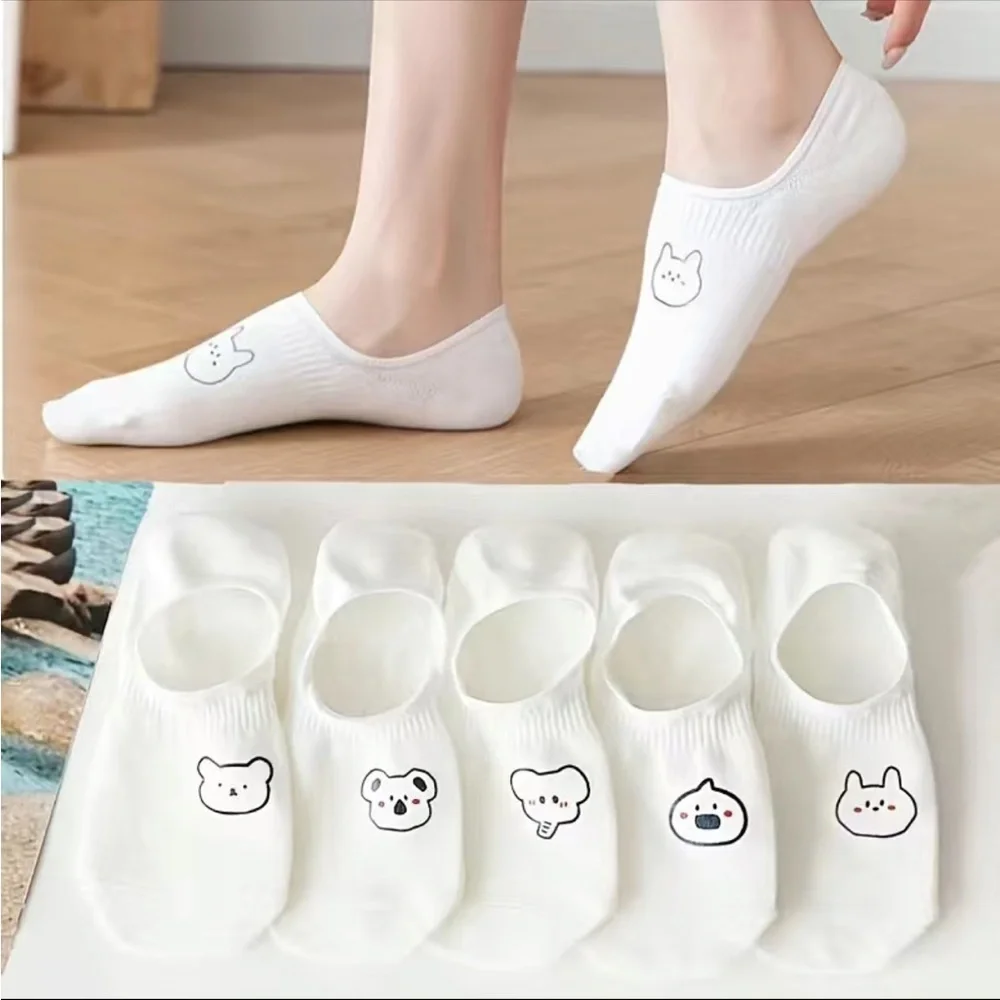 Women's White Socks Hosiery 10 Pairs Cute Print Soft Lightweight Low Cut Ankle